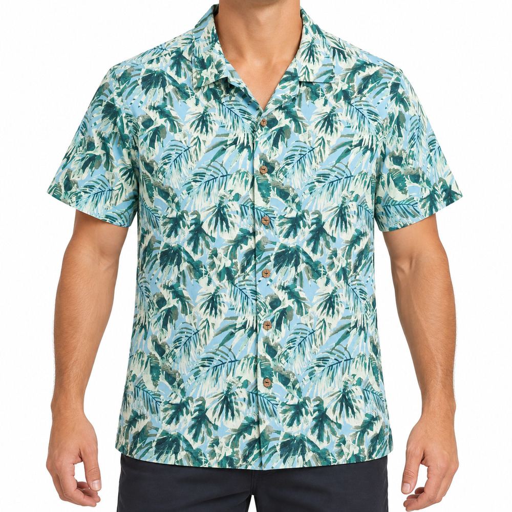 Caribbean Shirt Mens Large Blue Silk Blend Hawaiian Floral Button-Up Aloha